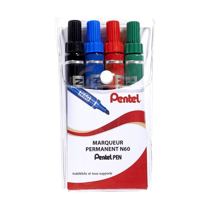 Pentel N60 - Marqueur permanent biseauté trait de 3,9 - 5,7 mm - Pochette de 4 coloris assortis