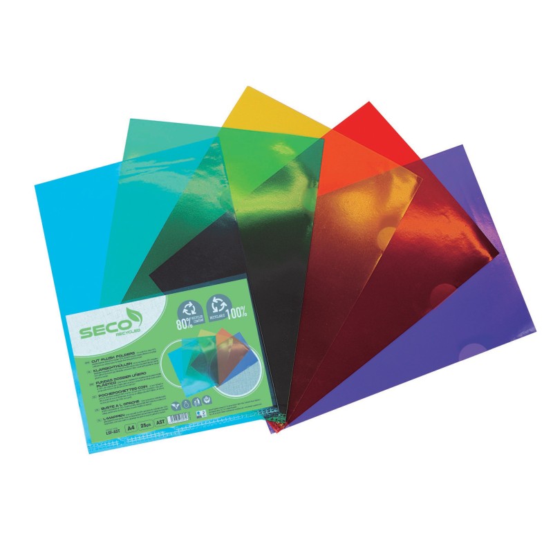 Seco Pochettes coins A4 en polypropylène 12/100° grainé - Coloris assortis - Paquet de 25