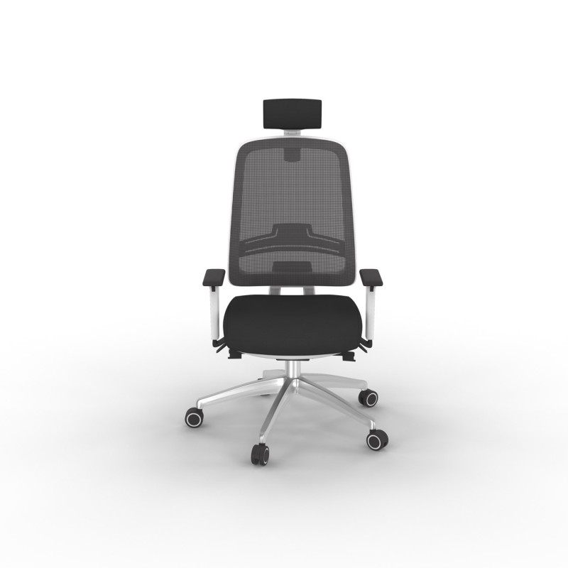 Siège de bureau Tarah avec appui-tête - Blanc piètement alu - maille filet / tissu Noir