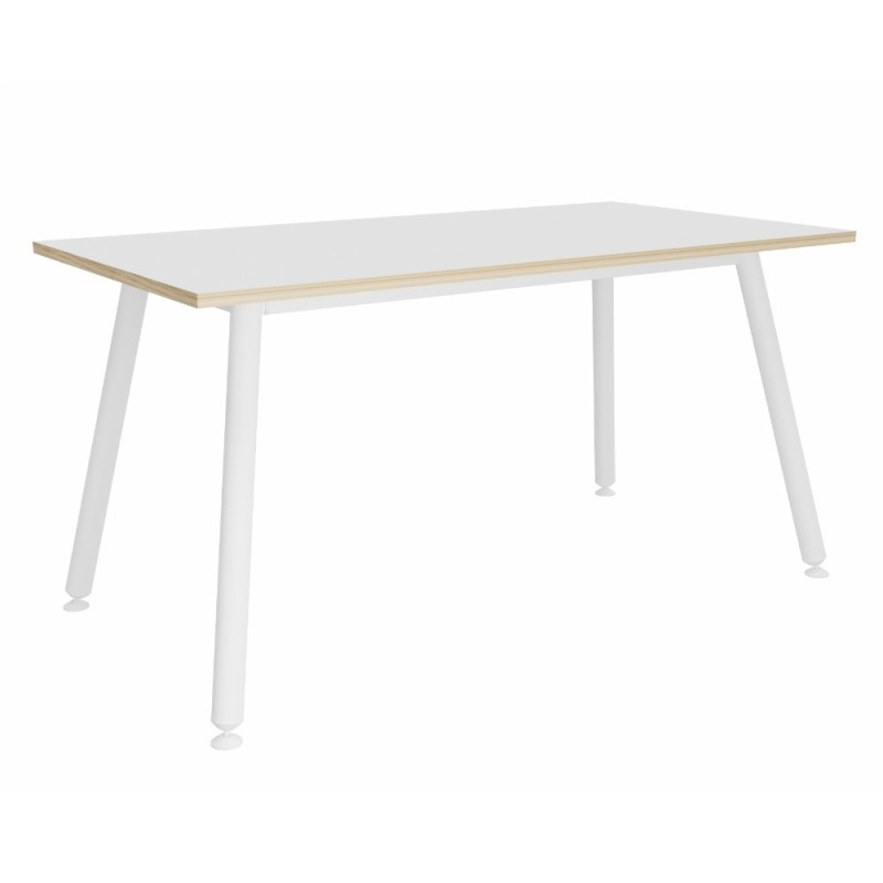 Table rectangulaire Halden - L.140 x P.80 cm - Plateau Blanc bords Chêne - Pieds métal Blanc