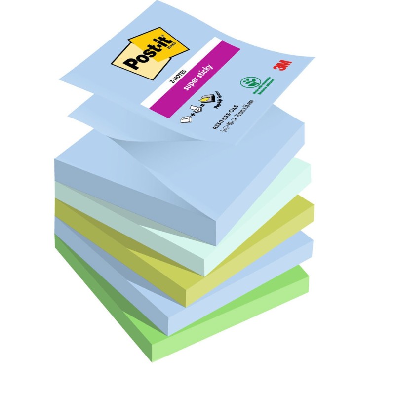 Post-it Notes repositionnables Z-Notes Super Sticky Oasis 76 x 76 mm - Assorties - Lot 6 blocs de 90 feuilles