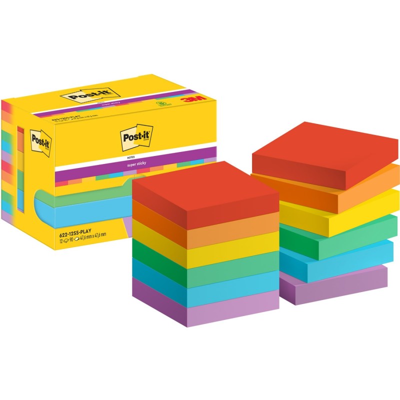 Post-it Notes repositionnables Super Sticky Playful 48 x 48 mm - Assorties - Lot 12 blocs de 90 feuilles