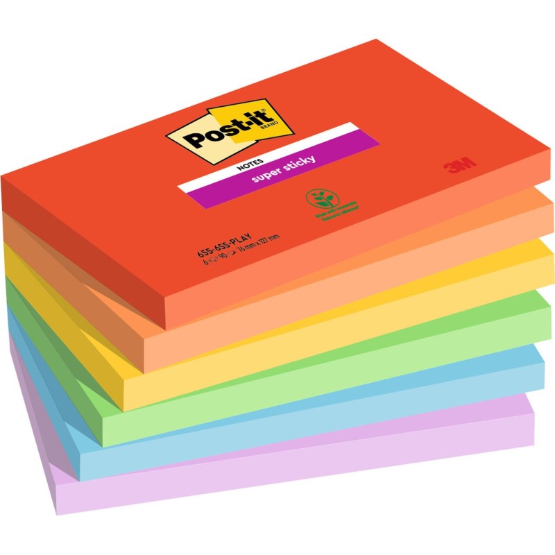 Post-it Notes repositionnables Super Sticky Playful 76 x 127 mm - Assorties - Lot 6 blocs de 90 feuilles