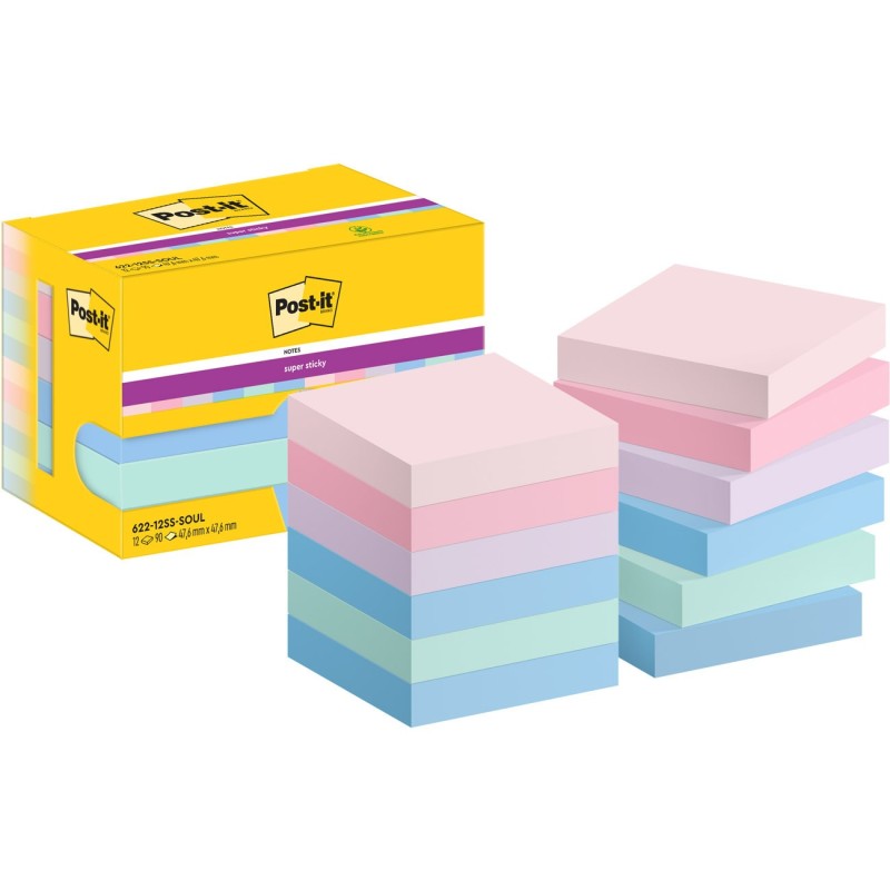 Post-it Notes repositionnables Super Sticky Soulful 48 x 48 mm - Assorties - Lot 12 blocs de 90 feuilles