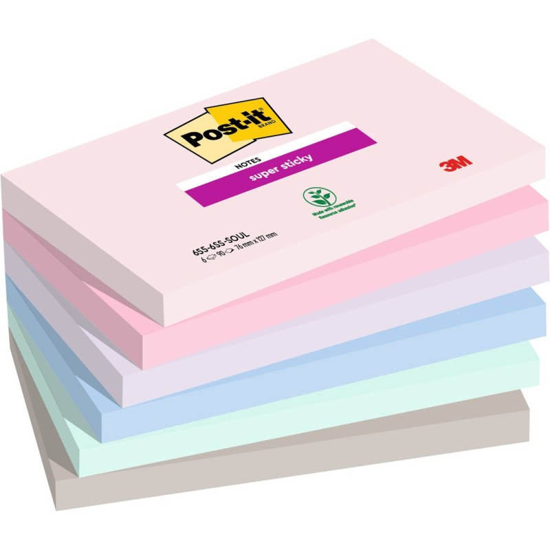 Post-it Notes repositionnables Super Sticky Soulful 76 x 127 mm - Assorties - Lot 6 blocs de 90 feuilles