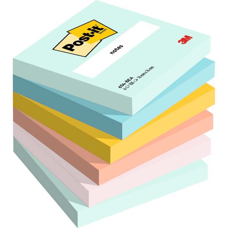 Post-it Notes repositionnables Beachside 76 x 76 mm - Assorties - Lot 6 blocs de 100 feuilles