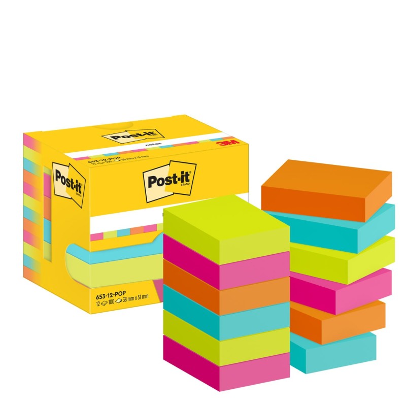 Post-it Notes repositionnables Poptimistic 38 x 51 mm - Assorties - Lot 12 blocs de 100 feuilles