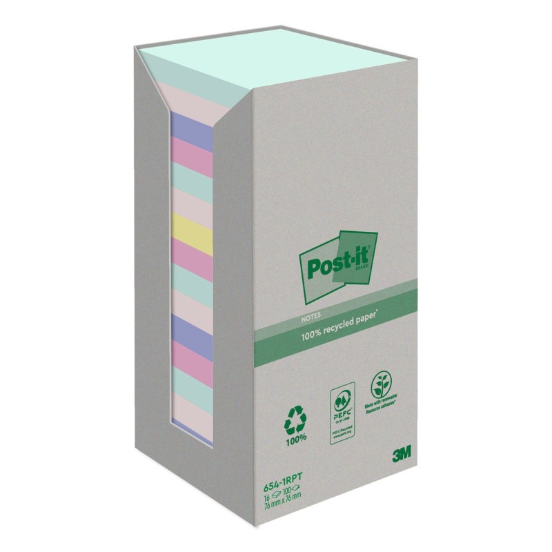 Post-it Notes repositionnables Nature recyclées 76 x 76 mm - Assorties - Tour 16 blocs de 100 feuilles