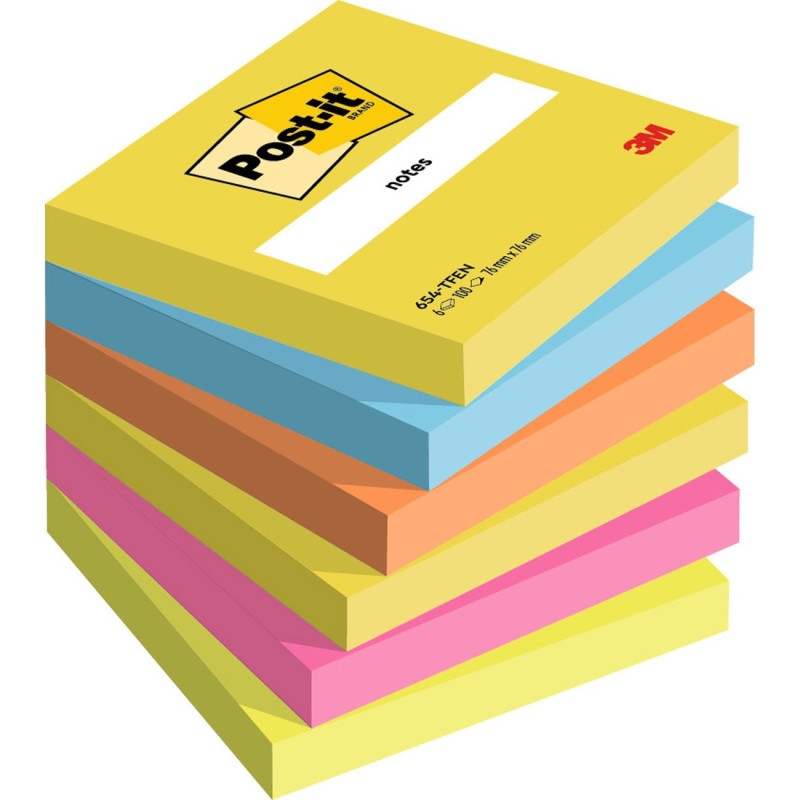 Post-it Notes repositionnables Energetic 76 x 76 mm - Assorties - Lot 6 blocs de 100 feuilles