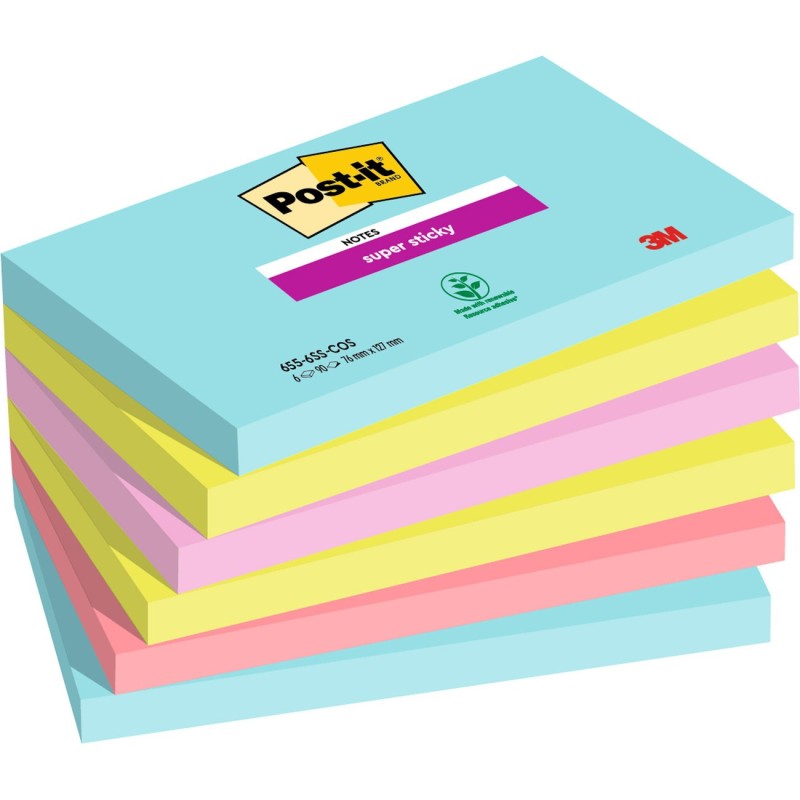 Post-it Notes repositionnables Super Sticky Cosmic 76 x 127 mm - Assorties - Lot 6 blocs de 90 feuilles