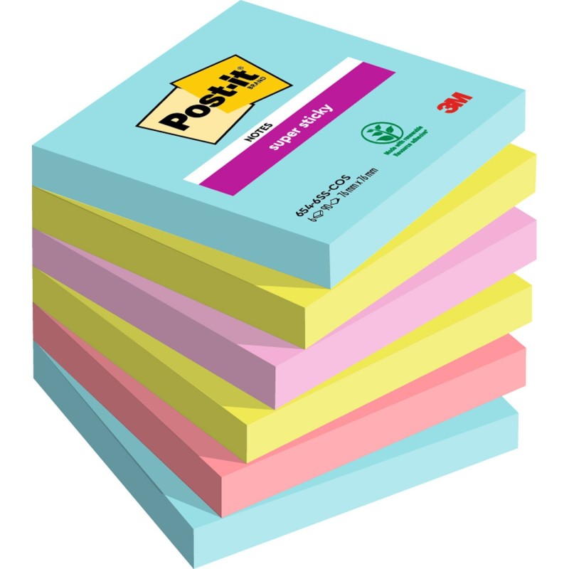 Post-it Notes repositionnables Super Sticky Cosmic 76 x 76 mm - Assorties - Lot 6 blocs de 90 feuilles