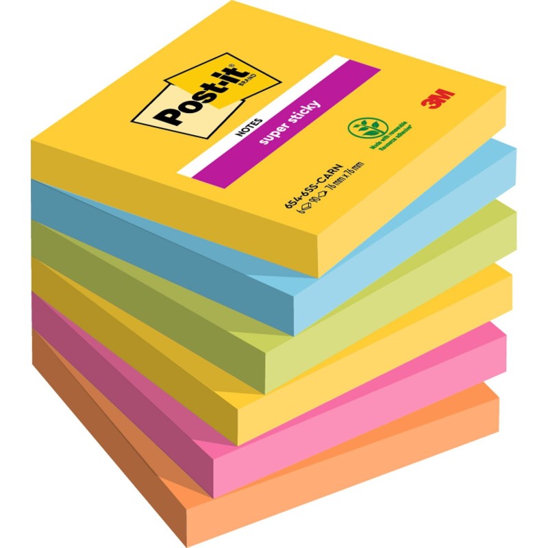 Post-it Notes Super Sticky Carnival 76 x 76 mm - Assorties - Lot 6 blocs de 90 feuilles