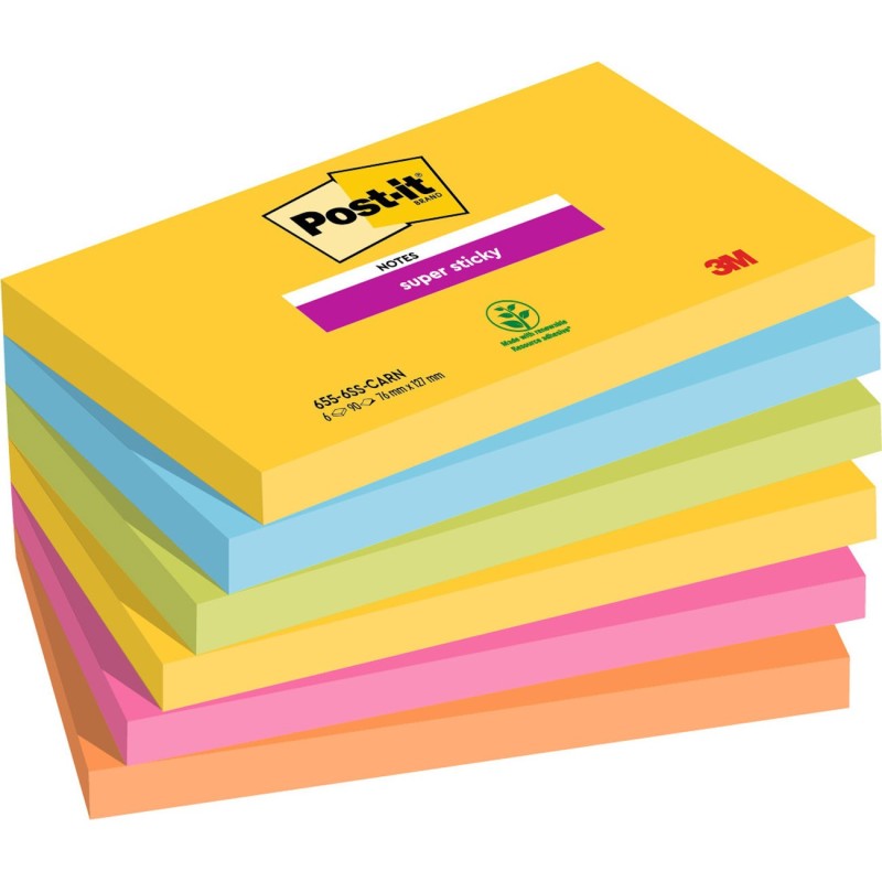Post-it Notes repositionnables Super Sticky Carnival 76 x 127 mm - Assorties - Lot 6 blocs de 90 feuilles
