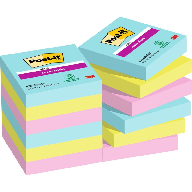 Post-it Notes repositionnables Super Sticky Cosmic 48 x 48 mm - Assorties - Lot 12 blocs de 90 feuilles