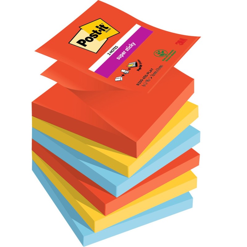 Post-it Notes repositionnables Z-Notes Super Sticky Playful 76 x 76 mm - Assorties - Lot 6 blocs de 90 feuilles