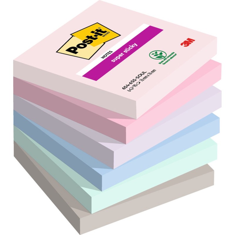 Post-it Notes repositionnables Super Sticky Soulful 76 x 76 mm - Assorties - Lot 6 blocs de 90 feuilles