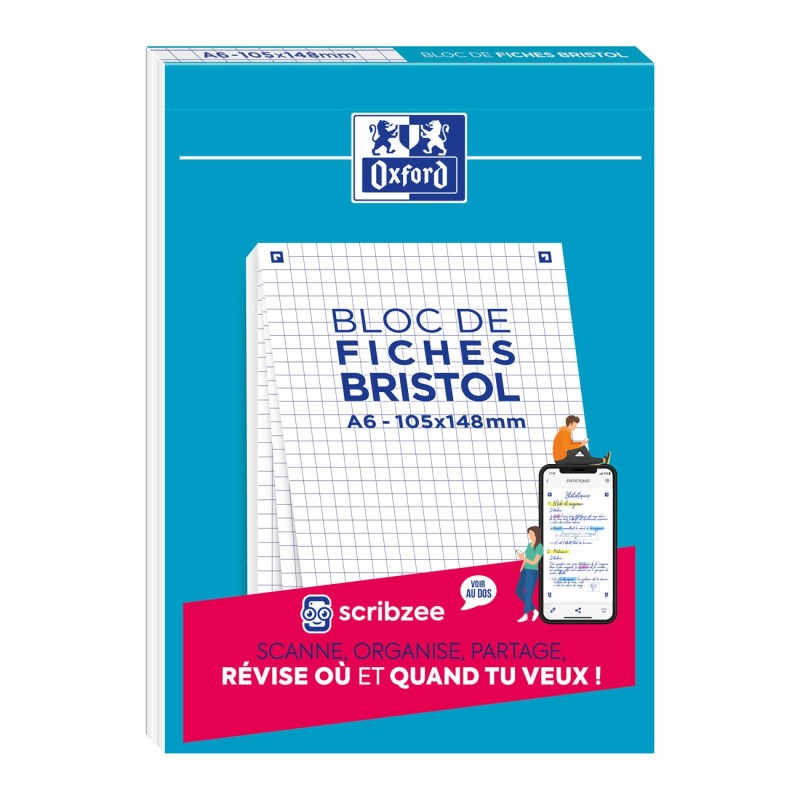 Oxford Bristol 2.0 - Bloc 30 fiches A6 105 x 148mm non perforées - blanc quadrillé 5x5