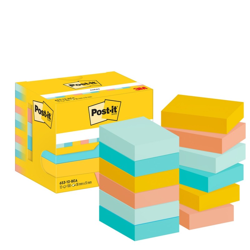 Post-it Notes repositionnables Beachside 38 x 51 mm - Assorties - Lot 12 blocs de 100 feuilles