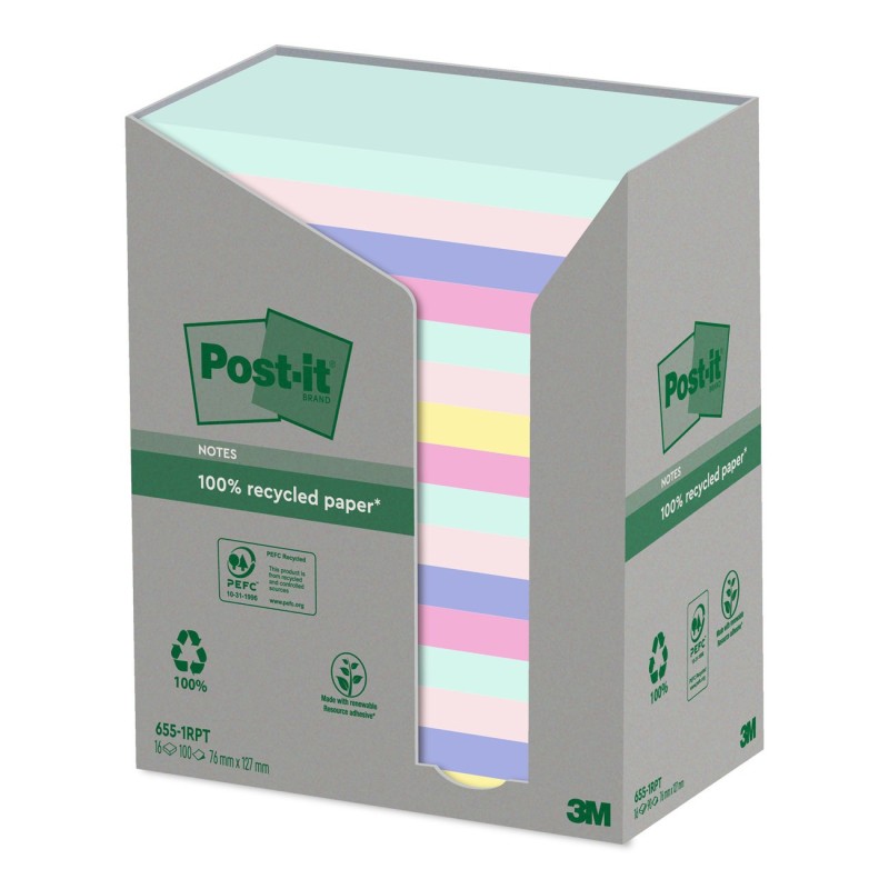 Post-it Notes repositionnables Nature recyclées 76 x 127 mm - Assorties - Tour 16 blocs de 100 feuilles
