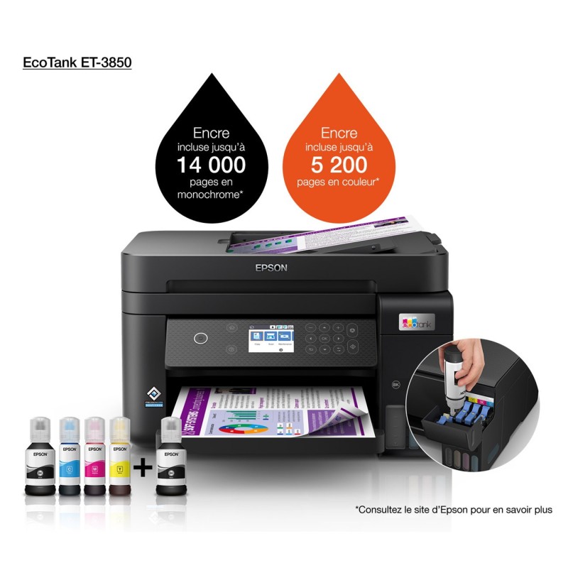 Epson EcoTank ET-3850 imprimante multifonction jet d'encre couleur A4 à réservoirs d'encre - Wifi, réseau, usb