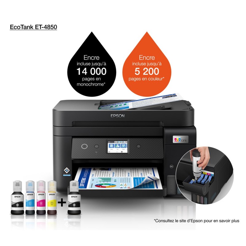 Epson EcoTank ET-4850 imprimante multifonction jet d'encre couleur A4 à réservoirs d'encre - Wifi, réseau, usb