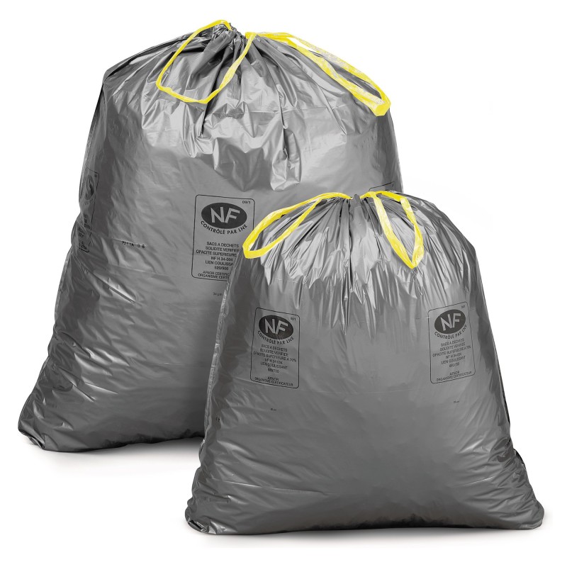 Sac poubelle 100L gris à liens coulissants 60% recyclés - Lot de 100