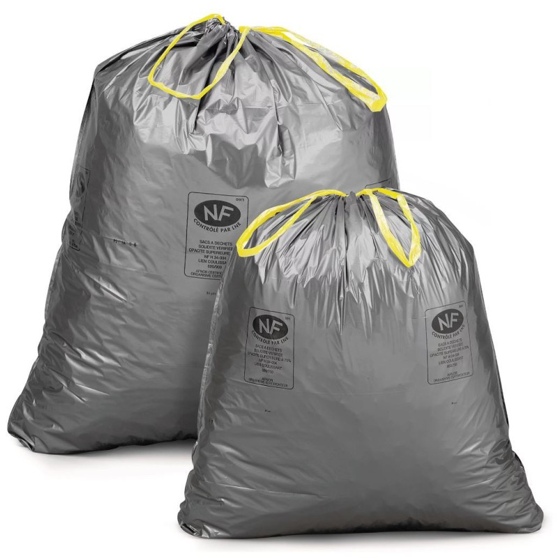 Sac poubelle 30L gris à liens coulissants 60% recyclés - Lot de 100