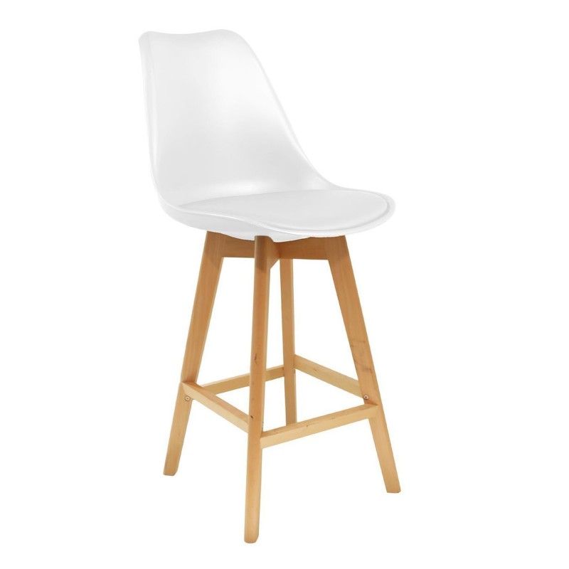 Tabouret haut Thelma coque PVC avec coussin rembourré - Blanc - Pieds bois