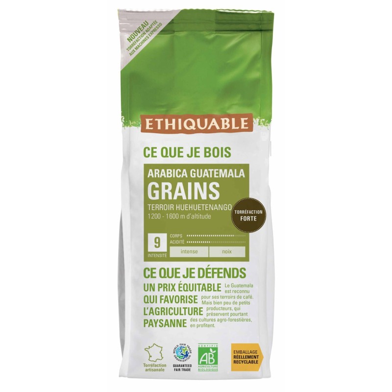 Ethiquable Café en grains expresso Arabica Guatemala Bio et équitable - Intensité 9 - Sachet de 500 g