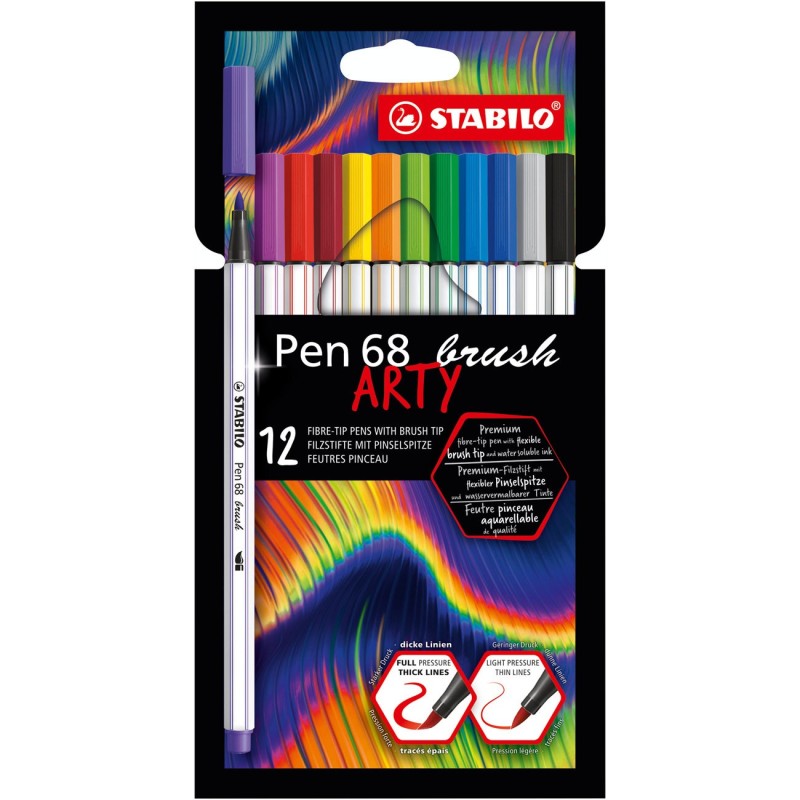 Stabilo Feutres pinceaux de dessin Pen 68 Brush Arty pointe pinceau flexible 1 mm - Pochette de 12 coloris assortis