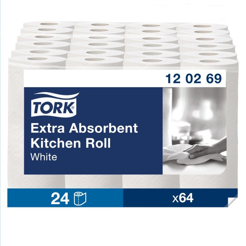 Tork Essuie-tout double épaisseur Premium extra-absorbant blanc - 120269 - Lot de 24 rouleaux de 64 feuilles