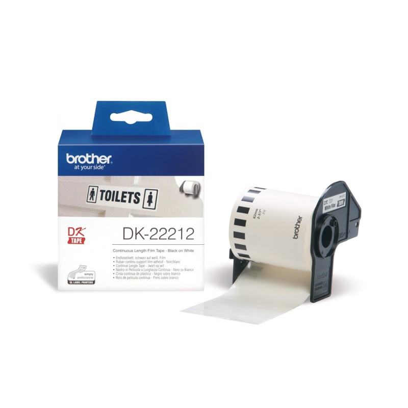 Brother Ruban continu DK22212 pour imprimante QL - support papier adhésif 62mmx15m - Noir sur blanc