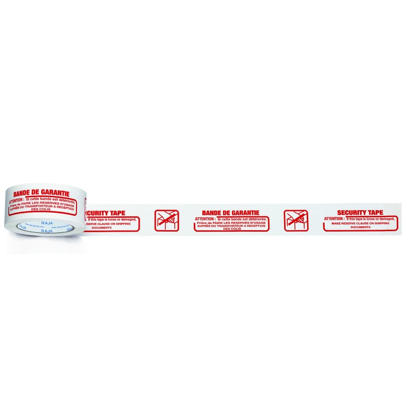 RAJA Ruban d'emballage imprimé ''Bande de Garantie'' en polypropylène 28 microns 50 mm x 100 m - Blanc texte rouge  - lot de 6