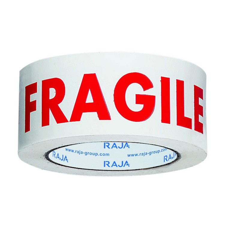 RAJA Ruban d'emballage imprimé ''Fragile'' en polypropylène 28 microns 50 mm x 100 m - Blanc texte rouge  - lot de 6