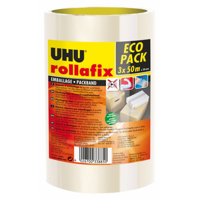 UHU Rollafix Ruban adhésif d'emballage en polypropylène silencieux 46 microns 50 mm x 50 m - Transparent  - lot de 3