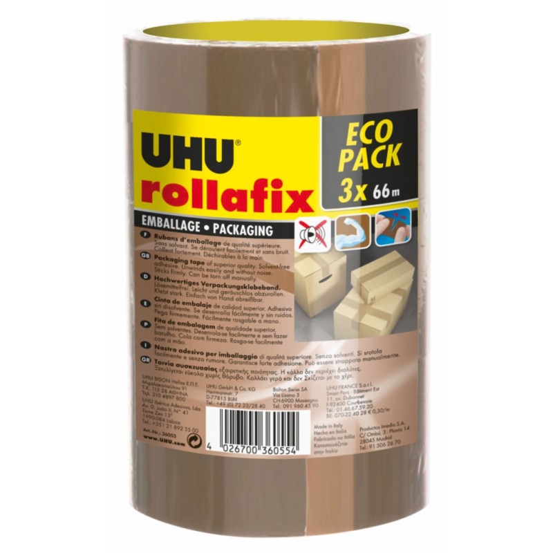 UHU Rollafix Ruban adhésif d'emballage en polypropylène silencieux 46 microns 50 mm x 66 m - Havane  - lot de 3