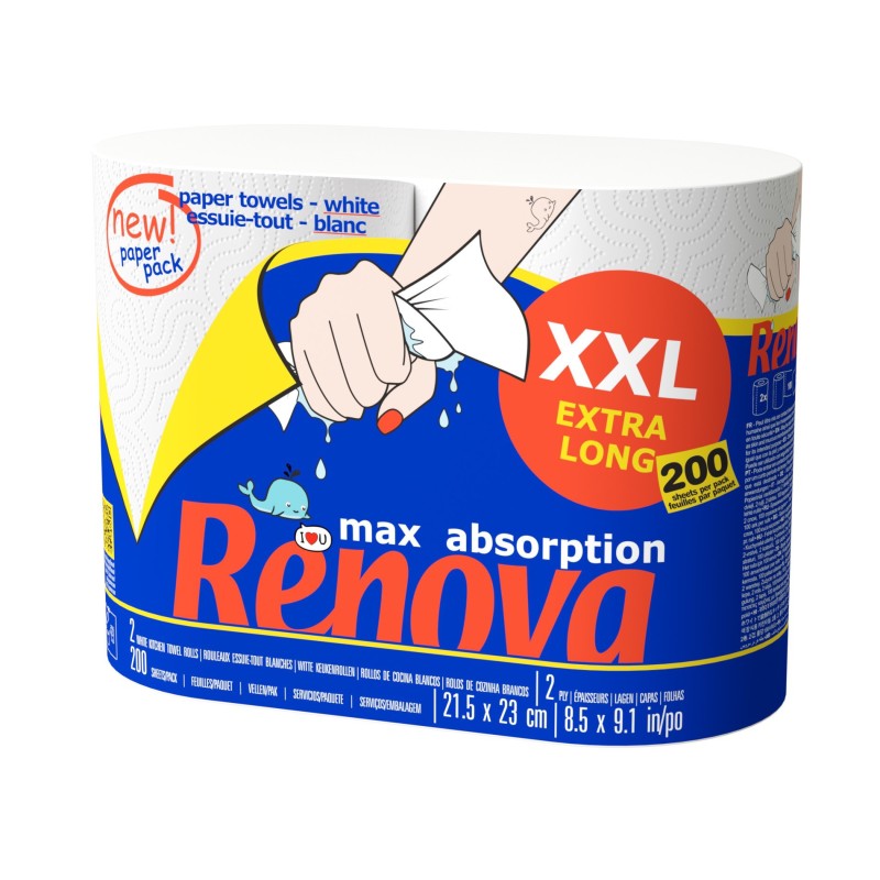 Renova Essuie-tout Maxi absorption double épaisseur - Lot de 2 rouleau XXL de 100 feuilles - Blanc