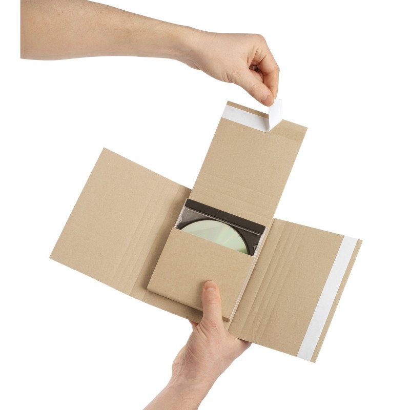 RAJA Étui emballage postal carton brun avec fermeture adhésive - 14 x 12,5 cm - 1 à 4 CD ou jeux vidéo - Lot de 25