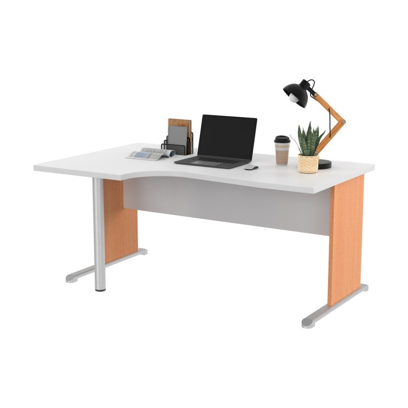 Bureau d'angle compact retour à gauche Pronto Bois - L.160 x P.100 cm - Plateau Blanc - Pieds L Hêtre