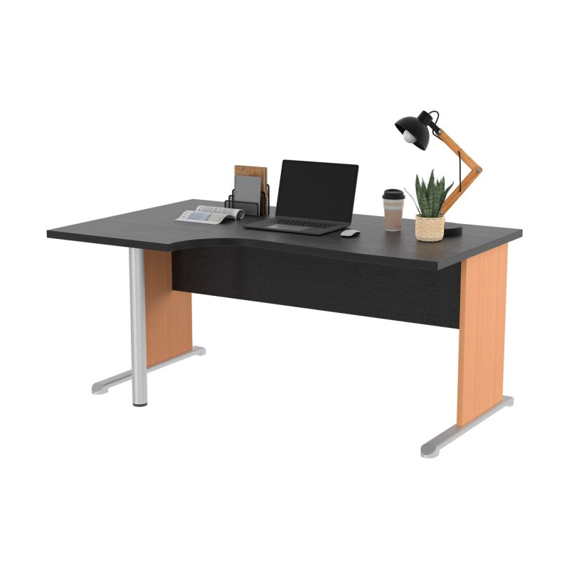 Bureau d'angle compact retour à gauche Pronto Bois - L.160 x P.100 cm - Plateau Noir - Pieds L Hêtre