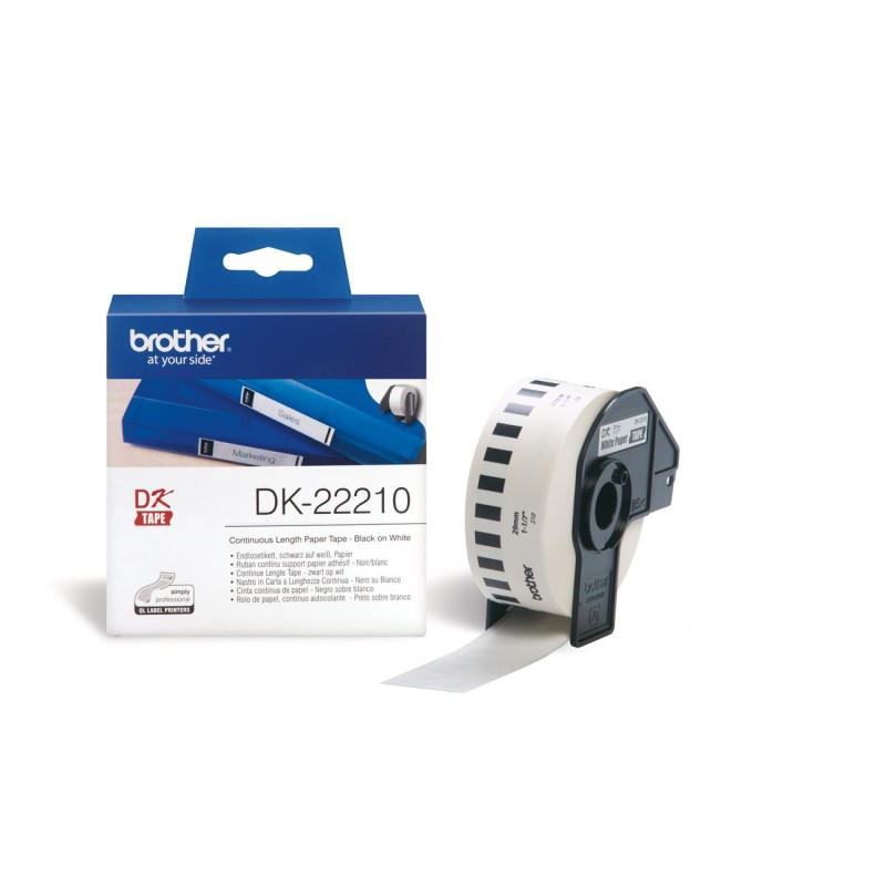 Brother Ruban continu DK22210 pour imprimante QL - support papier adhésif 62mmx30m - Noir sur blanc