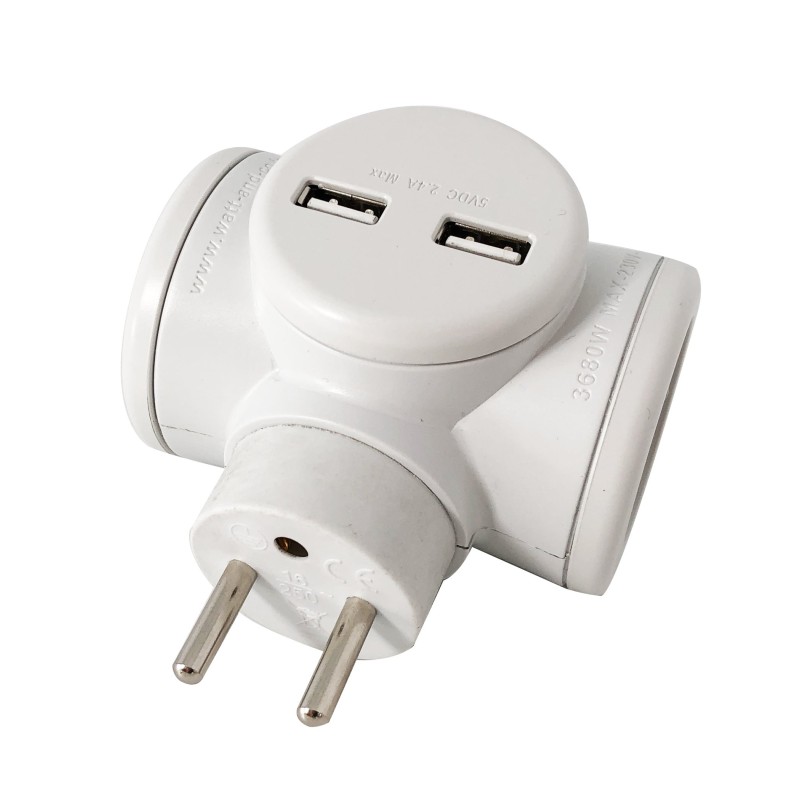 Watt & Co Multiprise rotative 2 prises électriques + 2 ports USB - Blanc