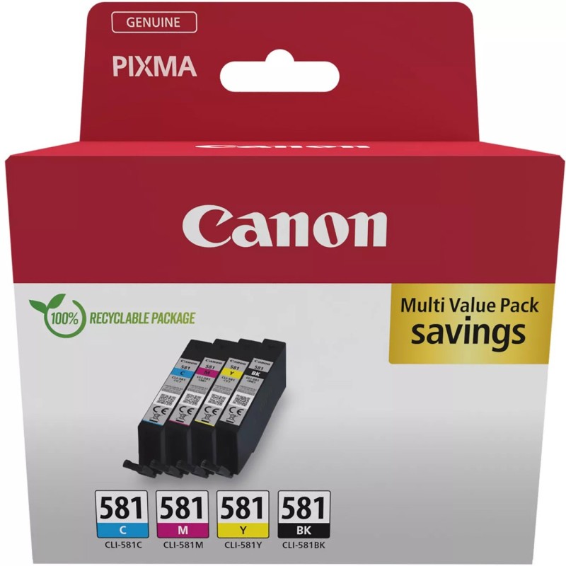 Canon CLI-581 Cartouche d'encre authentique 2103C007 - Pack de 4 (Noir, Cyan, Magenta, Jaune)