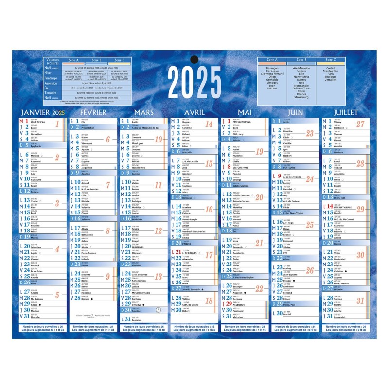 Bouchut Calendrier mural annuel (7 mois / face) - Bleu - 21 x 26,5 cm - 2025