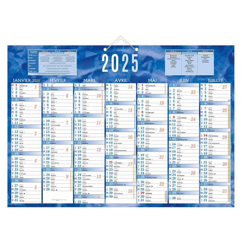 Bouchut Calendrier mural annuel bleu (7 mois/face) - 38,5 x 54 cm - 2025