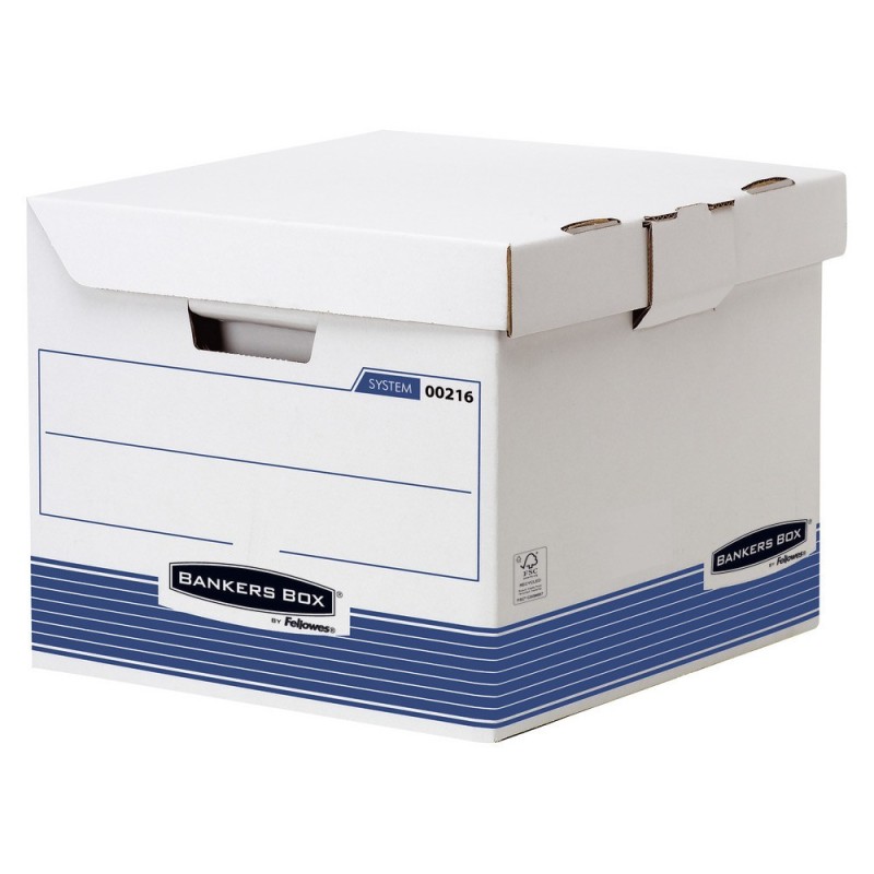 Bankersbox Caisse archives carton pour format A4 - Blanc / Bleu - Montage automatique - lot de 10