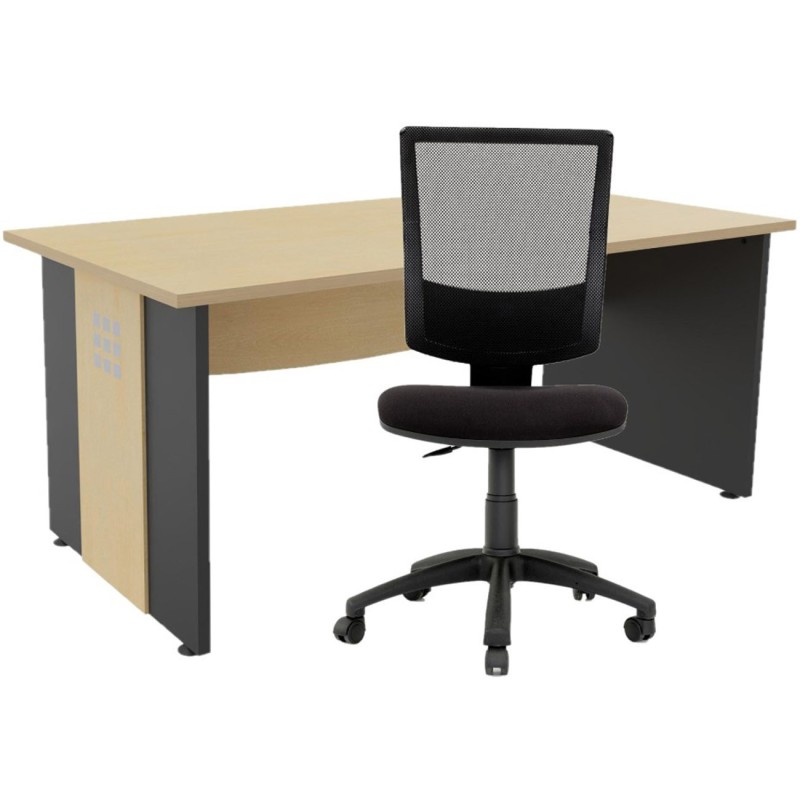 Pack bureau droit Axiome L.140 cm Plateau Hêtre Pieds panneaux Anthracite + Siège Jenny maille/tissu Noir