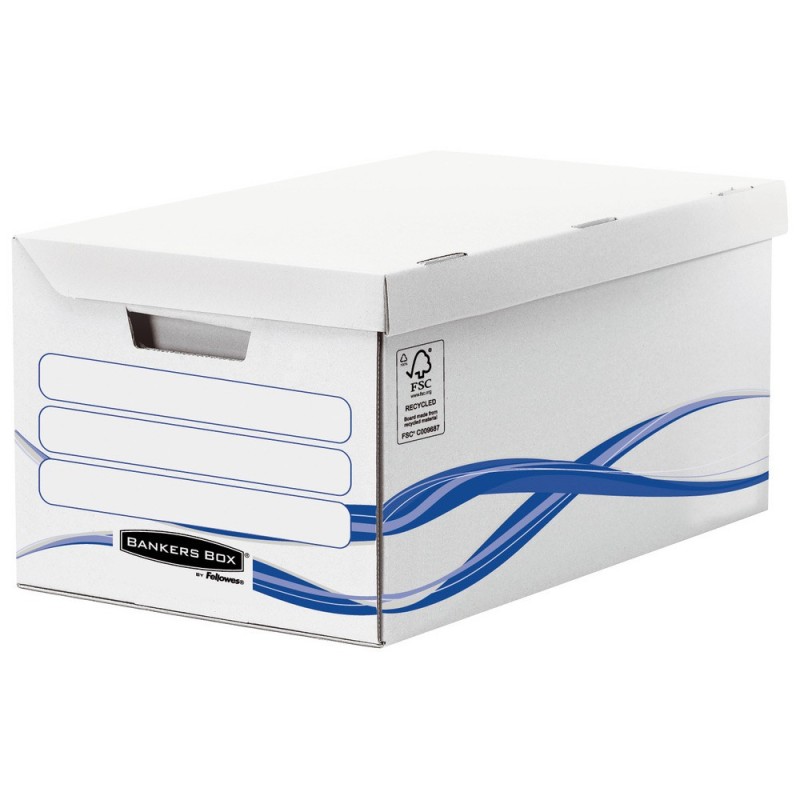 Bankersbox Caisse archives carton capacité jusqu'à 6 boîtes archives, pour format 24 x 32 cm, H. 280 mm x l. 554 mm x P. 356 mm - Blanc / Bleu - 100% recyclé certifié FSC - Lot de 10