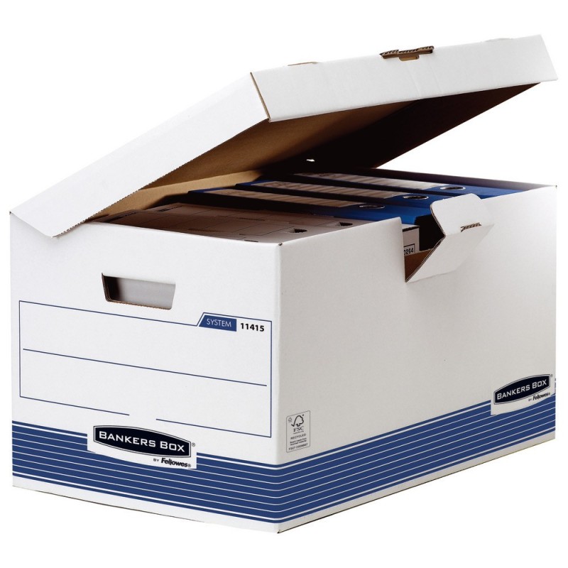 Bankers Box Caisse archives carton capacité jusqu'à 6 boîtes archives, pour format folio (216 x 330 mm), H. 31 cm x l. 56,5 cm x P. 39 cm - Blanc / Bleu - Montage automatique - Lot de 10