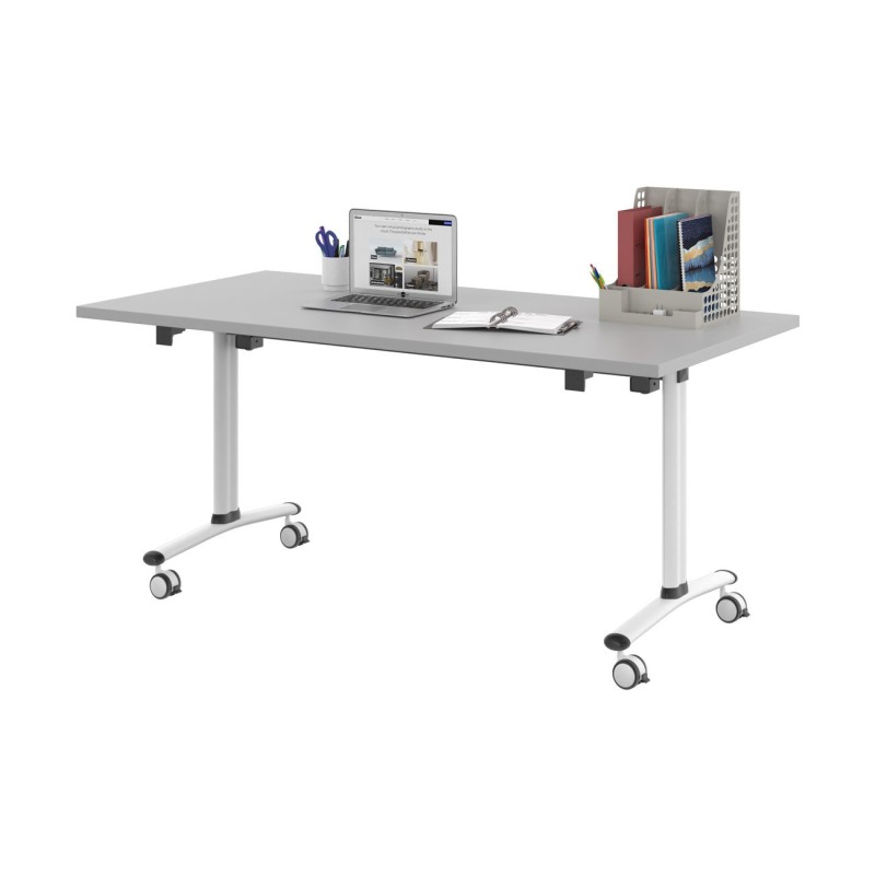 Table mobile rabattable - L.160 x P.80 cm - Plateau Gris - Pieds Blanc